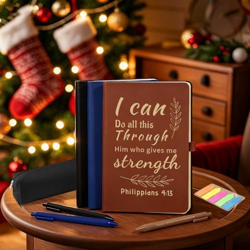 Christian Gift Set, Prayer Notebook and 10 Bible Pen Set with Sticky Notes & Pencil Case, Inspirational Christian Journaling Supplies, Faith Based Gifts for Women Men, Black