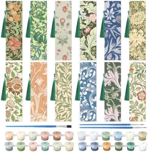 FYSUIMU 12Pcs Wooden Floral Paint by Number Kits Flower DIY Oil Painting Bookmarks with Tassels for Kids Adults Book Lovers DIY Crafts Supplies, 7 x 2 Inch