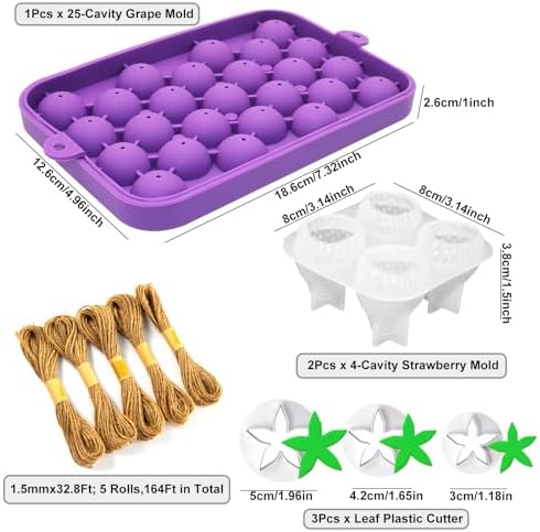 3D Strawberry Grapes Soap Mold, 3 Pcs Grape Strawberry Soap Making Silicone Molds with 5Pcs Jute Ropes 3 Pcs Leaf Cutters for Soap DIY Gift