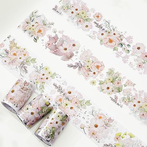WT Blush Wide PET Tape, Single Roll, Original Designs, Watercolor Pink Floral Decorative Tape, Transparent Adhesive for Journaling, Scrapbooking, Bujo Planner DIY Craft Supplies