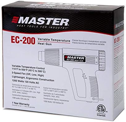 Master Appliance EC-200 Variable Temperature Heat Gun, Hot Air Gun, 120V, 10 Amps, 1200W, for shrink wrap, wire connectors, shrink tubing, crafts, stripping paint