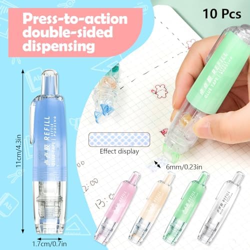 ASTIMESA 10 Pack Retractable Double Sided Tape Runner, Refillable Adhesive Tape Roller 0.23 Inch x 16.40 Ft, Glue Tape Roller with 360° Rotatable Tip for Scrapbooking Card DIY Accessories (5 Colors)