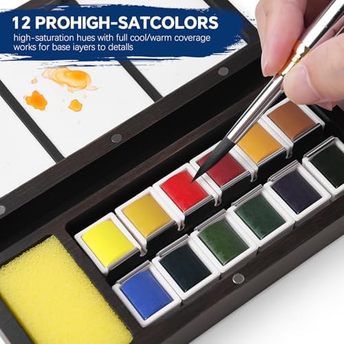 Fuumuui Watercolor Paint Set, 12 Watercolor Paints with Dual Tip Travel Watercolor Brushes Wooden Palette, Art Supplies for Painting, Travel Watercolor Set, Amateur Hobbyists