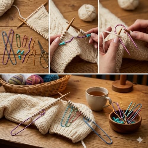 Lampstop 15Pcs Aluminum Cable Needles & Stitch Holders Knitting Tools, Safety Pin Brooch Weaving Sweater Knitting Tool, Bent Tapestry Needles for Yarn Sewing Knitting
