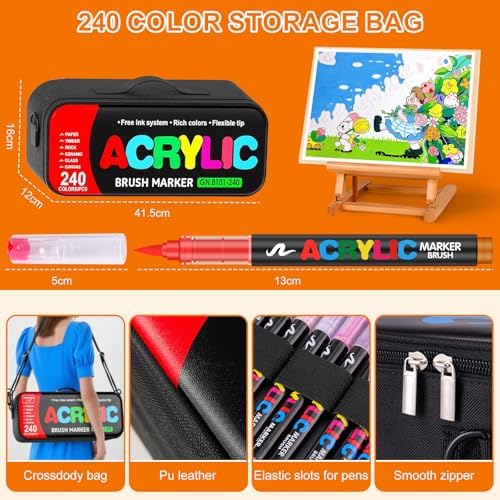 240 Colors Soft Brush Tip Acrylic Markers Set, Paint Pens for Rock, Wood, Fabric, Canvas, Glass, DIY Crafts, Waterproof Paint Markers, Vibrant Acrylic Pens for Artists and Art Projects (BAG)