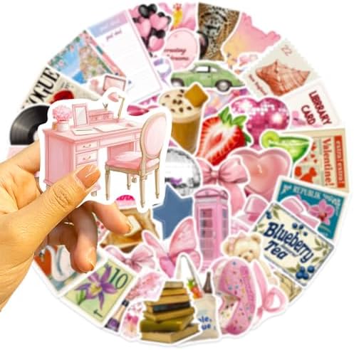 DothRayan 100pcs Vintage Pink Girls Stickers, Y2K Coquette Pink Aesthetic Waterproof Stickers for Water Bottles,Laptop Scrapbook Computer Phone Guitar Aesthetic Decals
