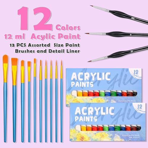 Date Night Painting Kit, 62 Pcs Detail Paint Brushes Canvas Panels with Wood Easel 12 Colors Acrylic Paint, Circular Canvas Art Aprons Sip and Paint Supplies for Adults and Beginner
