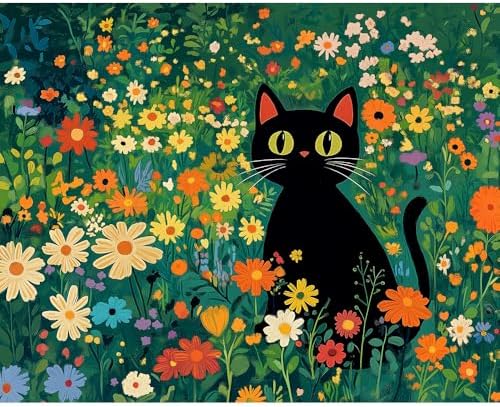 Natuyalo Paint by Numbers for Adults Beginner, Black Cat Flowers Paint by Number Kits on Canvas Without Frame, Animals Easy Acrylic Painting for Home Wall Decor 16x20 Inch