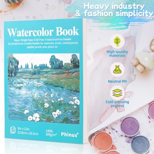 Phinus 18 Sheets Watercolor Paper 9x12 Inch, Cold Press Watercolor Sketchbook (140lb/300gsm), Tape Bound Watercolor Paper Pad for Adults Kids, Mixed Media, Markers and Art Journaling