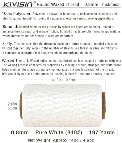 Bonded 0.8mm Round Waxed Polyester Cord, 3-ply Wax Coated Thread, 197 Yards Stiff String for Heavy Duty Fabric, Leather Sewing, Book Binding, Upholstery Repair, and Macrame Jewelry - White