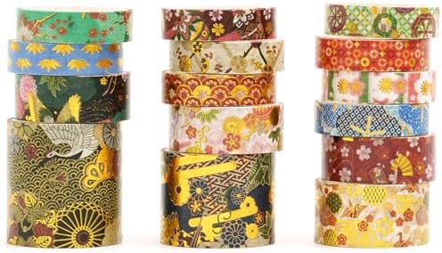 15 Rolls Japanese Sakura Washi Tape Set, Traditional Kimono Decorative Masking Tapes with Gold Foil, Cherry Blossom Arts for Craft, Scrapbook, DIY, Gift Wrapping (3-Autumn Bloom Banquet)