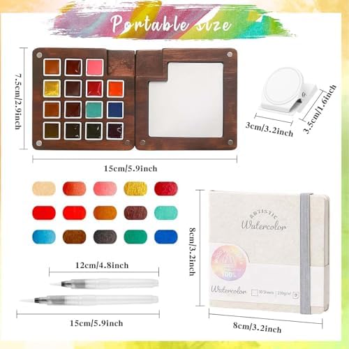Travel Watercolor Paint Set - Pocket 15-Color Mini Kit with Sketch Pad