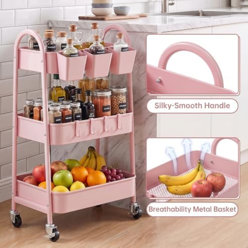 danpinera 3-Tier Rolling Cart, Utility Cart Mobile Metal Rolling Storage Cart with Lockable Wheels & Hanging Cups & Hooks for Kitchen, Bathroom, Office, Workshop, Pink