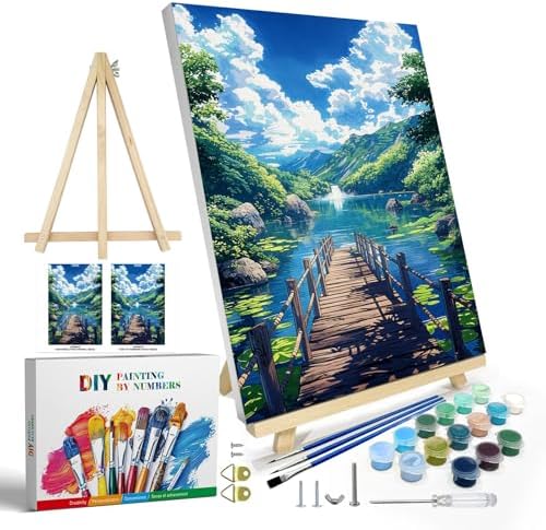 JOOZ Paint by Numbers Kit for Adults with Frame, Landscape Paint by Numbers with Easel, Lake Mountain Paint by Number with Frame, DIY Easy Paint by Numbers Kit for Adults Home Wall Decor 8 x 12 Inch