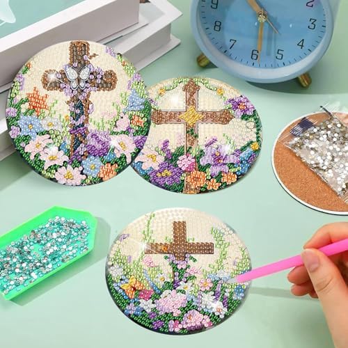 8 Pcs Diamond Art Coasters Kits for Adults, Cross Diamond Coasters 4x4in