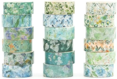 18 Rolls Blossom Washi Tape Set Floral Arts Adhesive Tapes Flowers Garden Decorative Masking Tape Sets for Craft, Kids, Scrapbook, DIY, Gift Wrapping (Ocean Breeze)