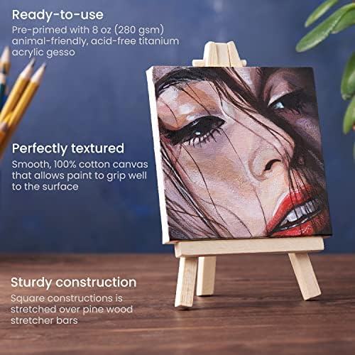 ARTEZA Mini Canvas and Easel Set, 4 x 4 in, Pack of 14, Small Stretched Canvases with Easels for Acrylic Painting, Crafts, and Tabletop Display
