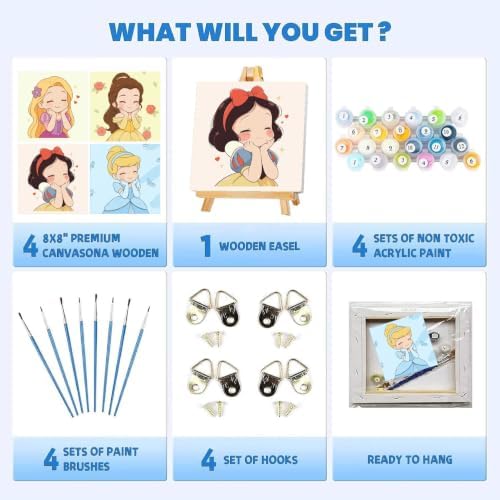 Fuinkqe 4 Packs Cartoon Paint by Numbers Kits for Kids Framed,Paint by Numbers for Girls Ages 8-12 with Framed Canvas and Wooden Easel,Paint by Numbers for Kids with Nice Boxs for Gifts 8X8 Inch