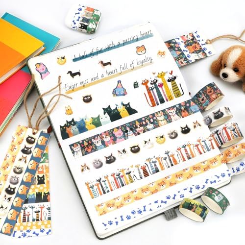 Washi Tape Set 14 Rolls, Cute Animal Decorative Tape, Cats Puppies Pugs Designs Washi Tapes for Scrapbooking Supplies, Journaling Supplies, Crafts