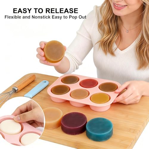 Nalchios 2 Pack Round Silicone Soap Molds, 3 Inch 6 Cavities Homemade Craft Silicone Molds BPA-Free, Heat Resistant, Easy Release & Clean, Home Kitchen Baking Pan for Cake, Muffin, Jelly Bakeware