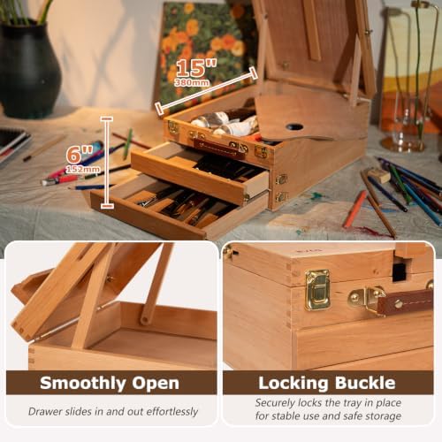 DJAR Adjustable Tabletop Sketchbox Easel for Painting, 3 Drawers Storage | Sturdy Beechwood Desktop Easel for Adults, Beginners and Artists, Portable Organizer for Painting, Sketching & Art supplies