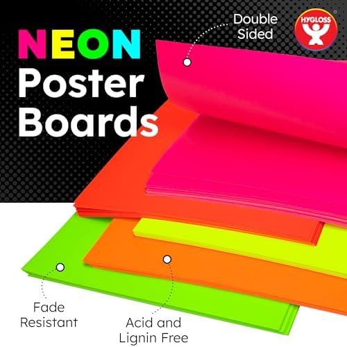 Hygloss Medium Poster Board 22x28 - 25 Assorted Neon Color Bulk Pack - 10 Pt. Thickness Colored Poster Board Paper for Projects, Signs, Displays - Posterboard Multipack 22" x 28"