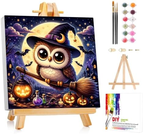 AUKELHJ Paint by Numbers Kit for Kids with Frame, Halloween Owl, 8X8 inch