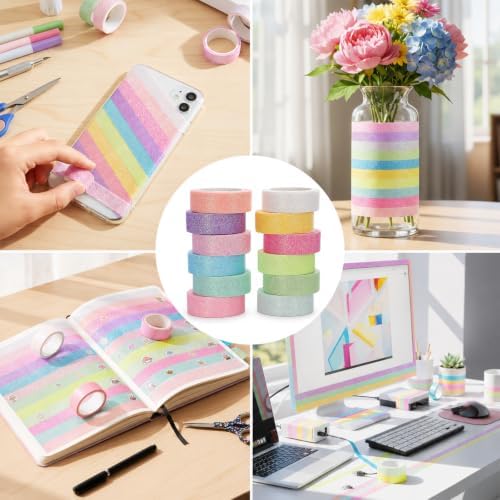 TIESOME 12 Rolls Glitter Washi Tape Set,15mm Macaron Cute Colored Tape