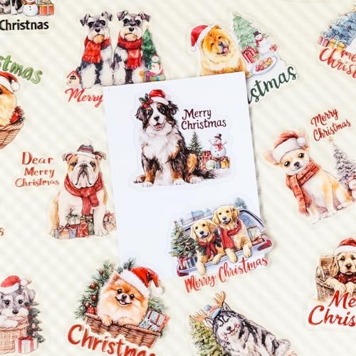 56 Pcs Cute Christmas Dog Stickers, Clear Waterproof Scrapbook Stickers with Santa Hat & Gifts, Adorable Puppy Holiday Decorative Decals for Journals, Crafts Cards Making