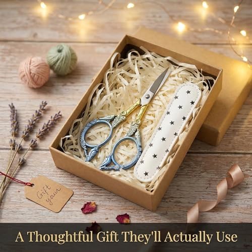 Crochet Scissors with Cover – Blue Gold Vintage Small Embroidery Scissors, Sharp Craft Scissors for Yarn Thread Sewing Needlework, Cute Bird Design Gift for Crocheter Quilter, 4.5 Inch