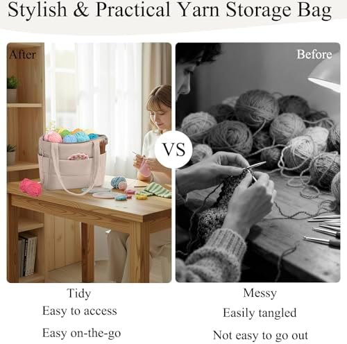 Crochet Bag for Yarn Storage, Puffer Knitting Bag with Soft Handles, Lightweight Yarn Storage Organizer with Zipper for Crochet Accessories, Gifts for Crocheters (Brown)