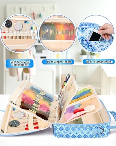 Sewing Supplies Organizer Bag with Removable Binder, Blue Floral