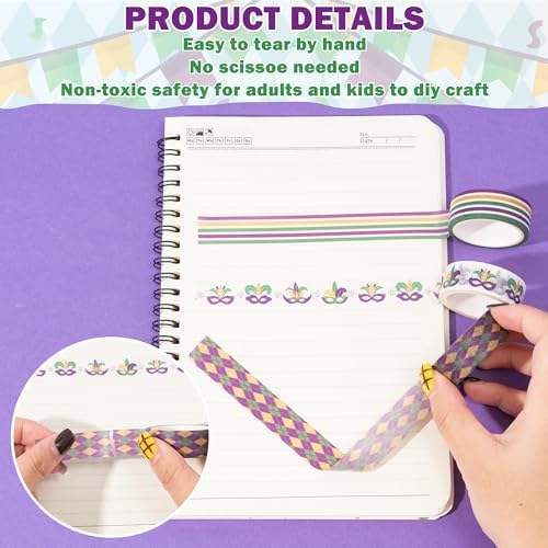 Mardi Gras Washi Tape - 12 Rolls Waterproof Residue Free Adhesive with Masks Crowns Beads in Traditional Purple Green Gold for Scrapbook, Gift Wrapping, Journal Decor, Party Supplies