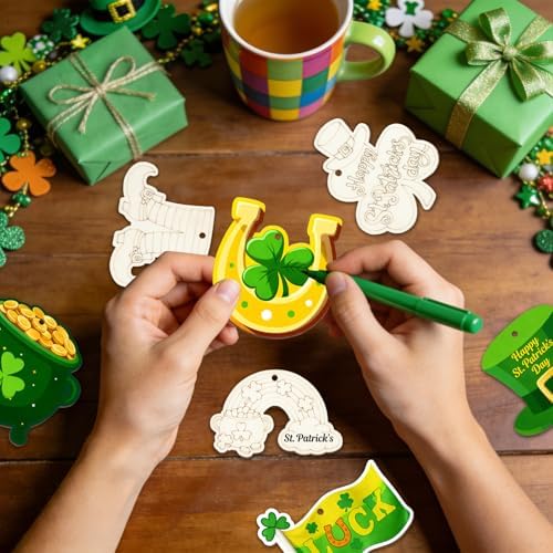 80PCS Wooden St. Patrick's Day Ornaments to Paint Shamrock Cutout Decorations,10 Styles DIY Blank Unfinished Wood Shamrock Cutouts Ornament for Tree Home Crafts Hanging, Hat Beer Gifts Indoor Spring