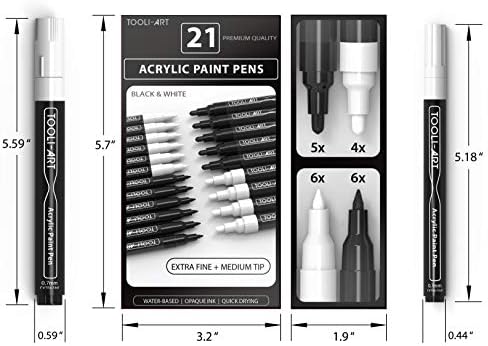 TOOLI-ART Black And White Acrylic Paint Markers Paint Pens Set For Rock Painting, Canvas, Mugs, Metal, Glass Paint, Fabric, Wood, DIY. Non Toxic, Quick Dry,Waterbas (EXTRA FINE & MEDIUM)