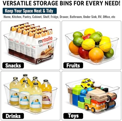 12 PACK Clear Plastic Storage Bins, Kitchen Cabinet Pantry Organizer Bins