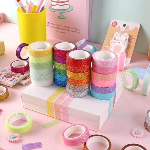 Glitter Washi Tape Metallic Decorative Craft Tape Set 24 Rolls Colored Masking for Scrapbook DIY Art Craft Supplies Gift Decor