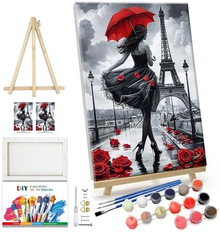 JOOZ Paint by Numbers Kit for Adults Eiffel Tower Paint by Numbers Kit with Frame DIY Girl Paint by Number with Easel Flowers Paint by Number Kits on Canvas for Gift Home Wall Decor 7.87x11.81 Inch