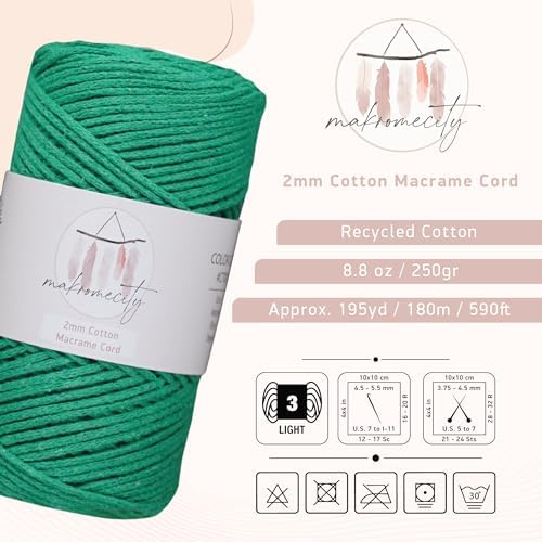 Makromecity, Cotton Macrame Cord 2mm x 195 Yards (590 feet) 2mm Recycled Cotton Crochet Yarn for Macrame Art & Crafts for Wall Hangings, Bags, Underplate, Rug (25 Colors Available) (Benetton Green)