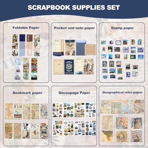 Auguro World Travel Scrapbook Kit A6 Grid Notebook Stationery Junk Journal Kit Scrapbooking Supplies Kit Craft DIY Gift for Adult Teen Girl