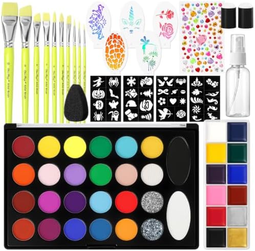 26-Color Water Activated Face Paint Palette+12-Color Body Paint Oil Palette