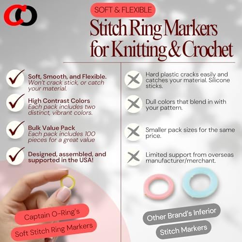 (100 Pack) Soft Stitch Ring Markers for Knitting and Crochet - Flexible, Snag-Free Rubber Stitch Markers (Large Size for Needle Sizes 17-35, Orange & White)