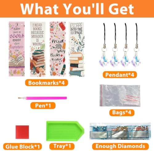 Mandun 4 Pcs Book Diamond Painting Bookmark Kits, Special Shaped Diamond Art Bookmarks with Pendant, DIY Diamond Art Bookmarks with Tassels Crafts Gifts Supplies