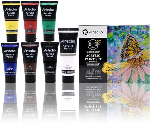 Artecho 7 Colors Acrylic Paint 6x60ml & 1x120ml Titanium White Tube | Semi Glossy Finish, High Pigment Rich Color Craft Paint for Canvas, Rocks, Wood, Fabric, Ceramic, Non-Toxic