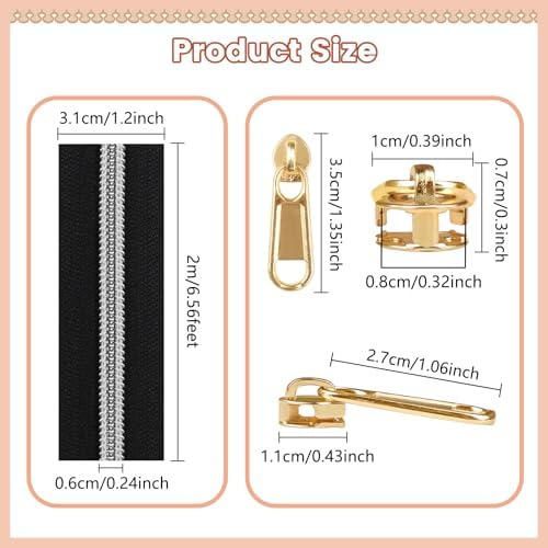 DOITEM 17.8 Yards Endless Zippers by The Meter Black White Zipper 6 mm Spiral + 32 Nonlock Zippers (Gold Silver Rose Gold)