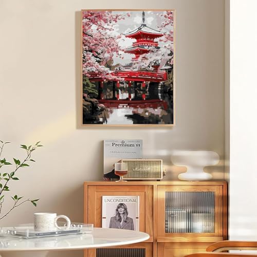 EIBEILI Plum Blossom Paint by Numbers Kit for Adults Beginner,Beautiful Temple Adult Paint by Number Kits on Canvas,Easy Canvas Paint by Numbers for Adults for Home Wall Decoration 12 X 16 inch