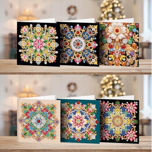 Diamond Art Cards with Envelopes–6PCS DIY Diamond Painting Greeting Cards Kit | Card Making Kit with Bling for Adults & Beginners | Birthday,Holiday & Thank You Cards (Mandala Flower)