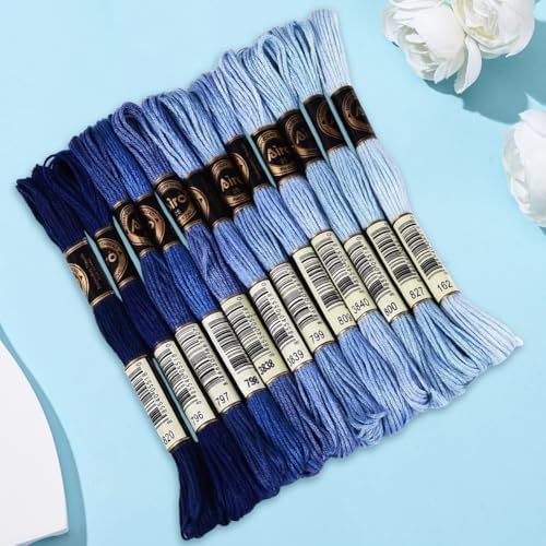 105 Yards 12 Skeins Gradient 6 Strands Marine Blue Cross Stitch Thread Polyester Variegated Embroidery Floss Friendship Bracelet String Assorted Bulk for Hand Sewing Making Knitting Supply