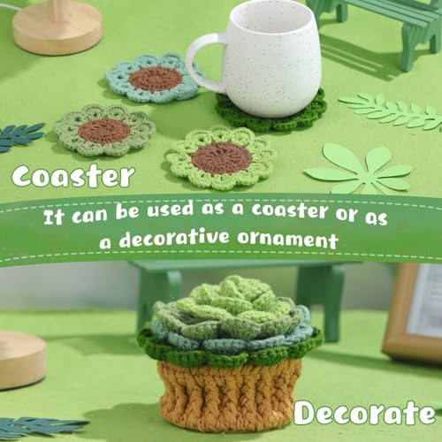 LUNARM Crochet Kit for Beginners, Crochet Start Green Plant Coasters Kits