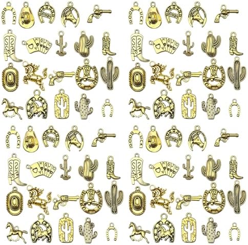 80pcs Western Cowboy Themed Charms Set - Zinc Alloy 3D Miniature Cowboy Hat, Horse, Boot Shoe Charms for DIY Jewelry Making, Keychain Crafts Accessory Tools -Durable, Versatile, and Perfect for Creative Projects (Golden)SN822